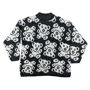 Vintage 80s Sweater All-Over Teddy Bear Grey White Mock Neck Oversize Large USA